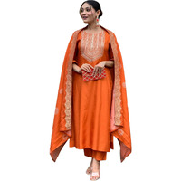 ANNI DESIGNER Women's Rayon Blend Floral Straight Kurta with Pant & Dupatta (PUNEETA Orange