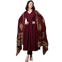 ANNI DESIGNER Women's Rayon Blend Solid Anarkali Kurta with Pant & Dupatta (Magic-Wine-NDM_XL_Wine_X-Large)