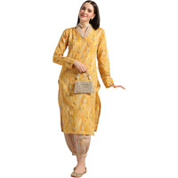 Leriya Fashion Cotton Blend Floral Foil Printed Indian Ethnic Kurta with Pant Set for Women Fancy Patiyala Pant Set for Traditional Ceremony Party Office Wear Kurti Set (Small, Yellow)