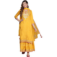 ishin Women's Silk Blend Embroidered A-Line Kurta suit set With Dupatta & Sharara INWSD070_YL_XXL_Yellow