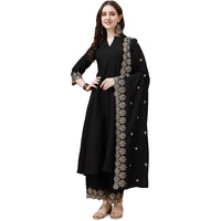 Pratham Blue Women's Silk Embroidered Anarkali Kurta with Palazzos and Dupatta (PB-6060-M_Black)