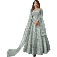 Divine International Trading Co Women's Net With Heavy Embroidery Work Long Anarkali Gown Salwar Suit Dupatta (Unstitched_SanjanaO-8396-Grey)