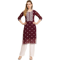 VAIRAGEE Women's Georgette Straight Cut Round Neck Kurta with Beautiful Embroidery Thread Work (1553) Maroon