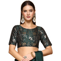 OOMPH! Women's Indian Ethnic Wear Designer Self Design Pattern Zari Work Boat Neck Half Sleeve Forest Green Color Jacquard Readymade Blouse for Saree or Lehnga and Fusion Twist. L