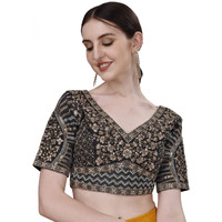 Pujia Mills Mills Women's Fancy Readymade Heavy Coding Embroidary Worked Half Sleeve Multicolor Saree Blouse(Mushroom) (Black, 38)