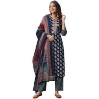 NAINVISH Women's Blue Printed Straight Rayon V-Neck Kurta Pant with Dupatta (SD694_KBD-S_Blue)