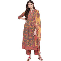 Vbuyz Women's Cotton Floral Print Hand Work Stitched Flared Grey Stylish Kurti/Kurta Set & Palazzo with Dupatta for Regular Use & Party Wedding, XL (VF-KU-693-SKD-42)