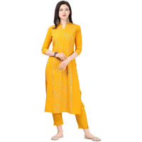 NAINVISH Women's Women Yellow Crepe Straight Kurti with Pant Set