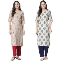 Pinkmint Kurta Set for Women ll Printed Kurti & Pant Set ll Regular Kurta Set ll (Pack of 2) Beige-Olive