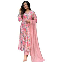 ANNI DESIGNER Women's Rayon Blend Printed Straight Kurta with Pant & Dupatta (Maslin-Multi_M_Peach_Medium)