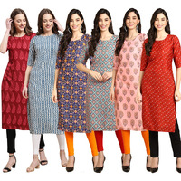 Pinkmint Women's Crepe Digital Print Straight Kurta Pack of 6 [CR-337-331-369-372-368-370-M]