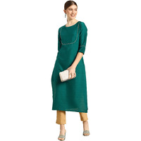 Janasya Women's Green Poly Silk Solid Kurta with Pant
