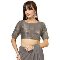 OOMPH! Women's Indian Ethnic Wear Designer Big Paisley Pattern Zari Work Boat Neck Half Sleeve Cloud Grey Color Brocade Readymade Blouse for Saree or Lehnga and Fusion Twist. XL