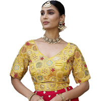 Pujia Mills Women's Blouse Readymade Blouse Embroidery Multi Coding Gold Thread Blouses Handwork Yellow Color Readymade Saree Blouse for Women for Saree and Lehenga Choli (A2420 Yellow 42)