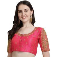 Pujia Mills Women's Silk Floral Half Sleeve Regular Blouse (Gulab Gajri 38)