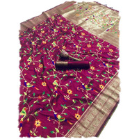 Panzora Woman's Wine Pure Soft Kanchipuram Paithani Silk Saree With Unstitched Blouse Piece.