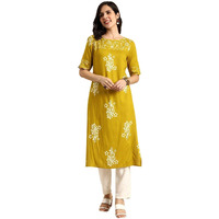 rytras Women's Printed Straight Kurta(RYT570,Mustard,3XL)