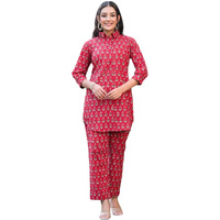 Leriya Fashion Women Ethnic Kurta Set | Cotton Blend Kalista Co-Ord Set | Casual Wear Pant Top Set | Fancy Pajama Set | Pack of 2 | Floral Printed Top & Pant Set (XXX-Large, Red) LF-K-W1727&TR818