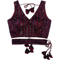 Pujia Mills Women's Emblished Sequins Sleeveless Fancy Wine Blouse with Belt(Sequins Belt Wine_38)