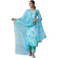 ANNI DESIGNER Women's Cotton Blend Straight Printed Kurta with Pant & Dupatta (Sohini Green_S_Green_Small)