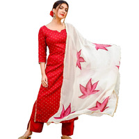 ANNI DESIGNER Women's Cotton Blend Straight Printed Kurta with Pant & Dupatta (Jam001-Red_L_Dark Blue_Large)