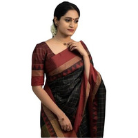 Flosive Women's Kanjivaram Silk Saree With Handloom Weaving Work With Blouse Piece (BLACK)