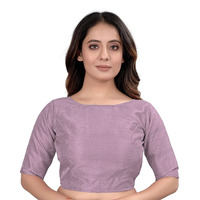 Vihu Fashion Women's Slub Silk Boat Neck with Elbow Length Sleeve Plain Fancy Blouse(Slub Baby Pink_M)