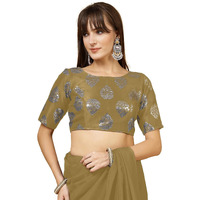 OOMPH! Women's Indian Ethnic Wear Designer Big Paisley Pattern Zari Work Boat Neck Half Sleeve Mustard Yellow Color Brocade Readymade Blouse for Saree or Lehnga and Fusion Twist. XL