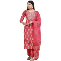 Stylum Women's Printed & Embroidered Rayon Straight Kurta Pant Dupatta Set (KPDPINKKOHLI36_Pink, S)