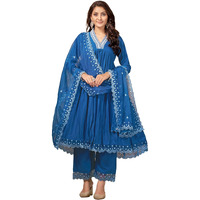 ROYALICA Blue Embroidered Anarkali Kurta Set-women's Silk blend flared embroidery detail anarkali kurta pant & organza dupatta sets. (2XL)