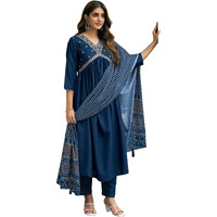 Sanisa Women's Cotton Blend Sequence Embroidery Gota Lace Alia Cut Kurta with Pant and Dupatta Set| Ethnic Set | Suit Set | Kurta Set(206KBD2185N-XXL_Teal Blue)