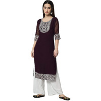 VAIRAGEE Women's Georgette Straight Cut Round Neck Kurta with Beautiful Lucknowi Embroidery Thread Work (1541) Wine