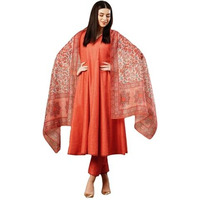ANNI DESIGNER Women's Cotton Blend Anarkali Solid Kurta with Pant & Dupatta (UTSAV PEACH-FKA_XXL_Peach_XX-Large)