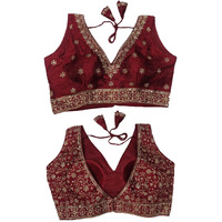 Pujia Mills Women's Indian Ethnic Wear Designer Golden zari with Embroidery Sequence Work V Neck Sleeveless Readymadeback Side Worked Saree Blouse Readymade Maroon Blouse Lehenga Choli