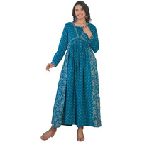 Vbuyz Women's Floral Print Anarkali Cotton Aqua Blue Stitched Kurta