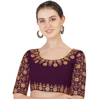 Pujia Mills Women's Phantom Silk Floral Half Sleeve Saree Blouse (MBB_Purple_38 Size+Margin)