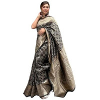 Flosive Women's Black Color Soft Kangivaram Silk Saree With Zari Weaving With Blouse