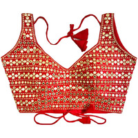 Vihu Fashion Womens Readymade Sweetheart Neck Sleeveless Mirror Saree Blouse.(Paper Foil Red_38)
