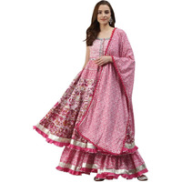 Divena Women Pink Cotton Sleeves Less Anarkali Sharara Set with Dupatta