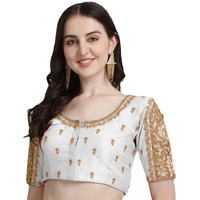 Pujia Mills Women's Silk Floral Half Sleeve Regular Blouse (Gulab White 38)