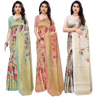 Yashika Women's Combo Art Silk Saree with Blouse Piece-Pack of 3 Light Green-AIR Peach-PUDINA Grey Multicolor-02