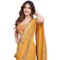 VAIRAGEE Women Soft Georgette Yellow Printed Embroidery Saree With Unstiched Blouse(6253)