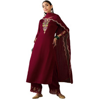 SheWill Women's Burgundy Maroon Embroidered Three-Quarter Sleeves Silk Blend Kurta & Trousers with Organza Dupatta