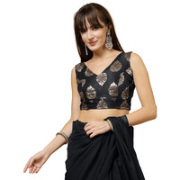 OOMPH! Women's Indian Ethnic Wear Designer Big Paisley Pattern Zari Work V Neck Sleeveless Jet Black Color Brocade Readymade Blouse for Saree or Lehnga and Fusion Twist. XXL