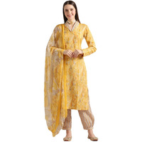 Leriya Fashion Women's Cotton Blend Multi Floral Foil Printed Ethnic Straight Shawl Collar Kurta & Patiyala Style Pant with Dupatta Set for Function Festival Office Wear Kurti Set (XX-Large, Yellow)