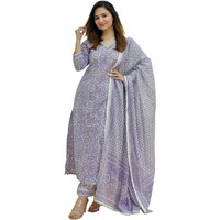 ANNI DESIGNER Women's Cotton Blend Floral Straight Kurta with Pant & Dupatta (Nihira_Purple_Small)