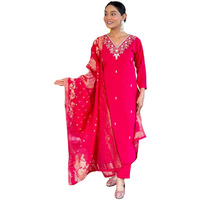 Women's Red Chanderi Viscose Embroidered Straight Kurta with Chanderi Viscose Pant and Naylon Jacquard Dupatta Sets (NX-S-Nirja-Red-M)