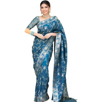 Flosive Women's Kanjivaram Silk Saree With Weaving Work Gold Zari With Blouse Piece (TEAL BLUE)