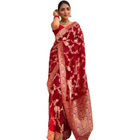 Flosive Women's Kanjivaram Silk Saree With Weaving Work Gold Zari With Blouse (RED)