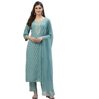 Stylum Women's Floral Printed Rayon Kurta Pant Dupatta Set (KPDAQUASEAL40_Blue, L)